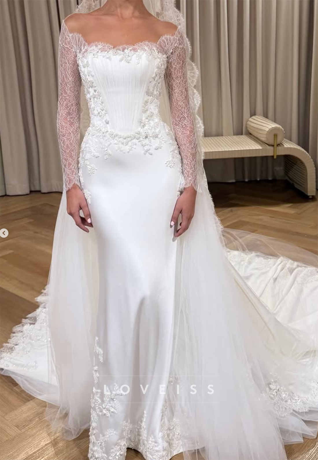 Off-the-Shoulder Lace Sleeve Corset Wedding Dress