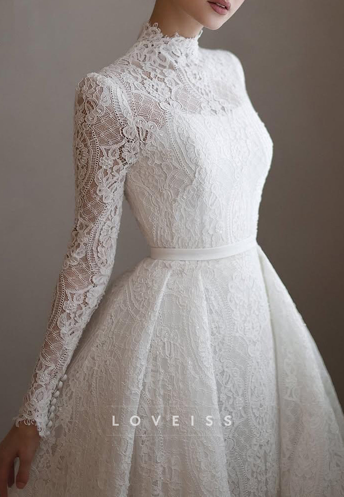 High Neck Lace Long Sleeve A-Line Wedding Dress
