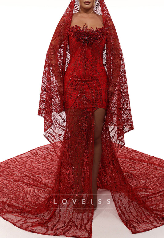 Beaded Strapless Gown with Slit and Sheer Cape