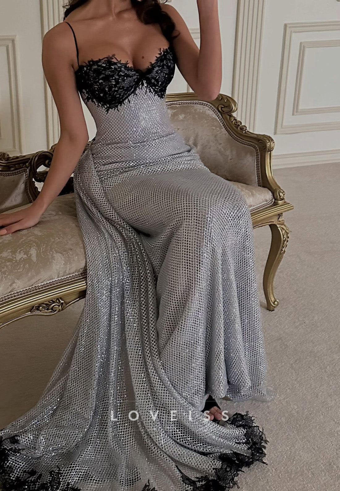 Lace-Trimmed Grid Sequin Column Gown