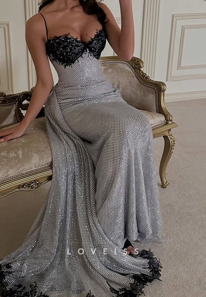 Lace-Trimmed Grid Sequin Column Gown