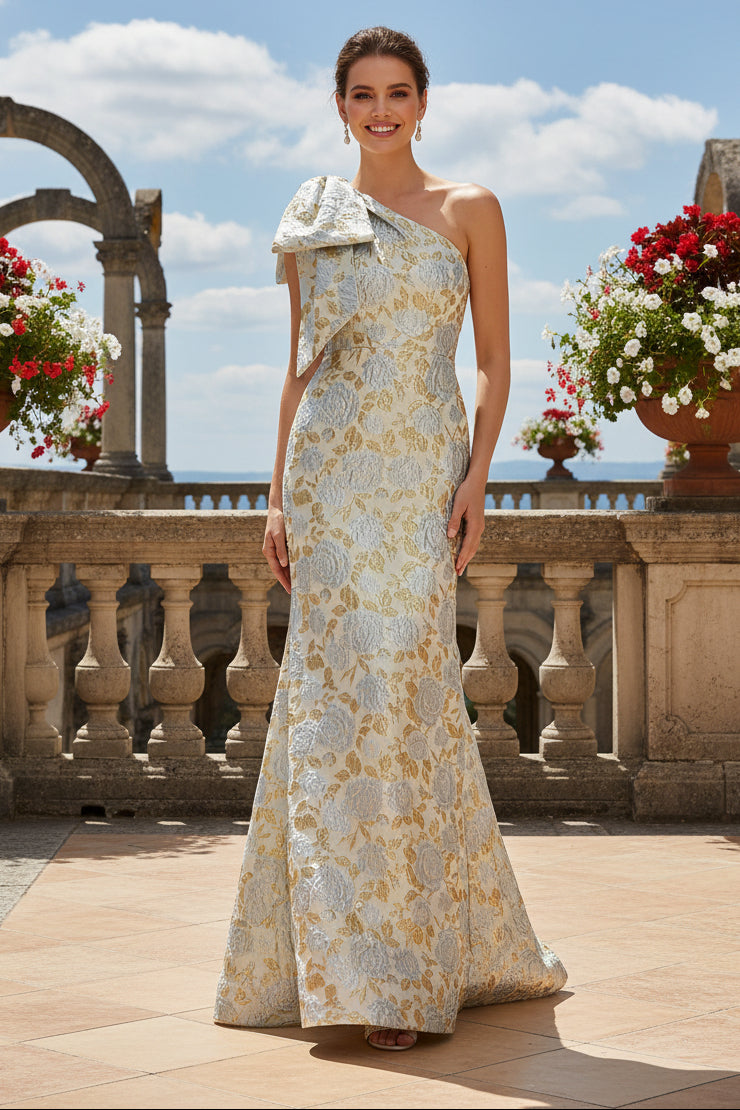 One-Shoulder Metallic Jacquard Mermaid Gown