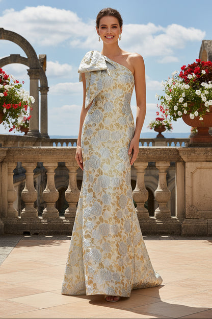 One-Shoulder Metallic Jacquard Mermaid Gown
