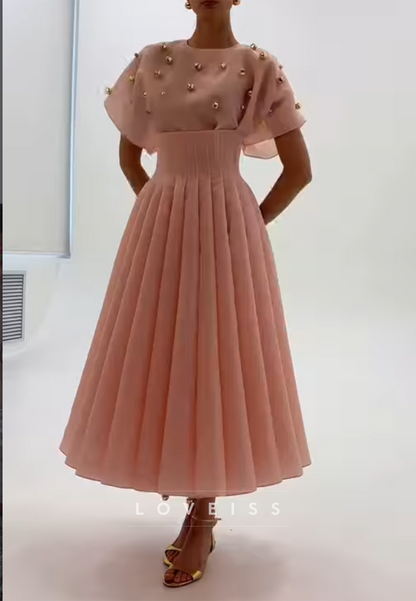 Pearl-Embellished Pleated Midi Dress with Flutter Sleeves