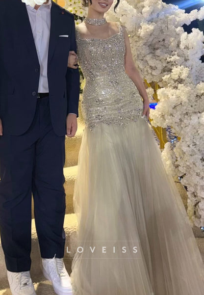 Beaded Mermaid Evening Gown with Pleated Tulle Skirt