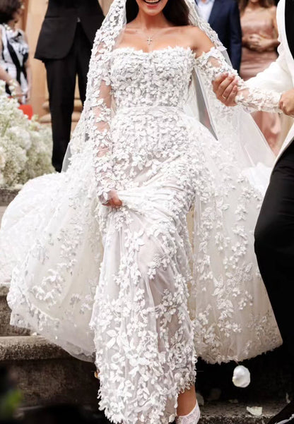 Strapless 3D Floral Wedding Gown with Detachable Overskirt