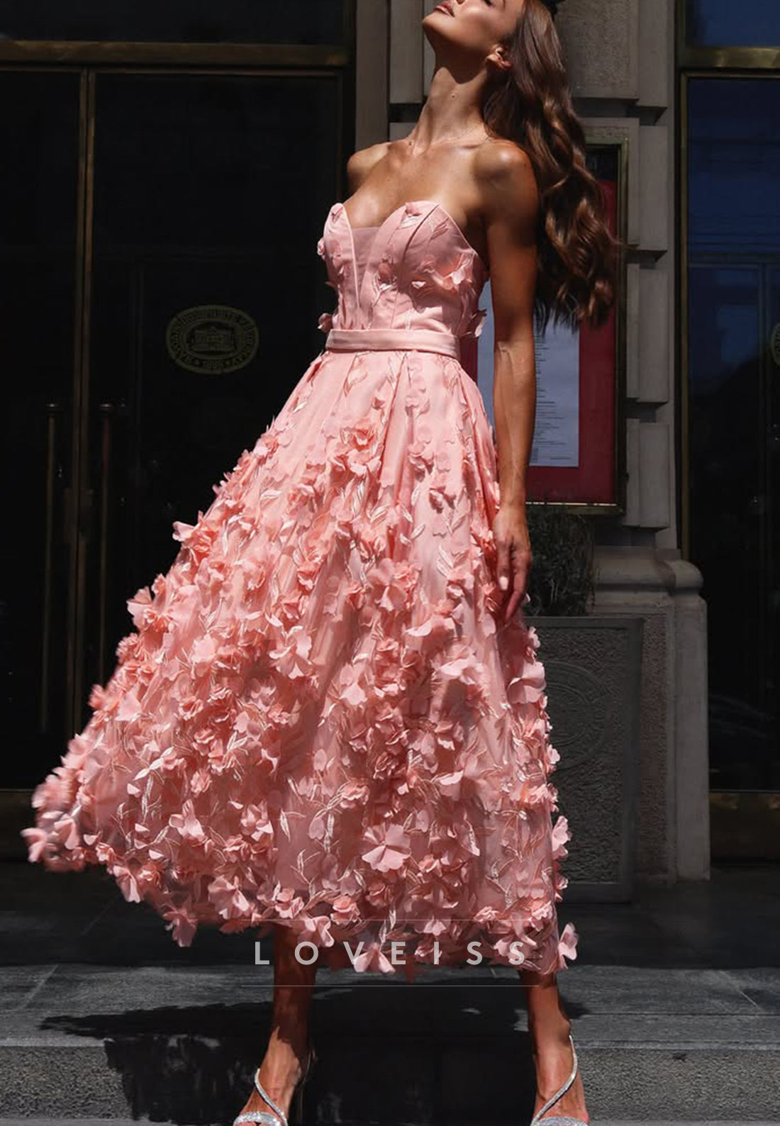 Strapless 3D Floral Applique Tea-Length A-Line Dress