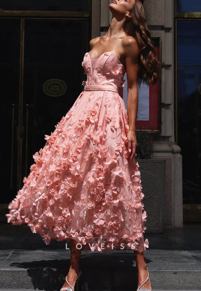 Strapless 3D Floral Applique Tea-Length A-Line Dress