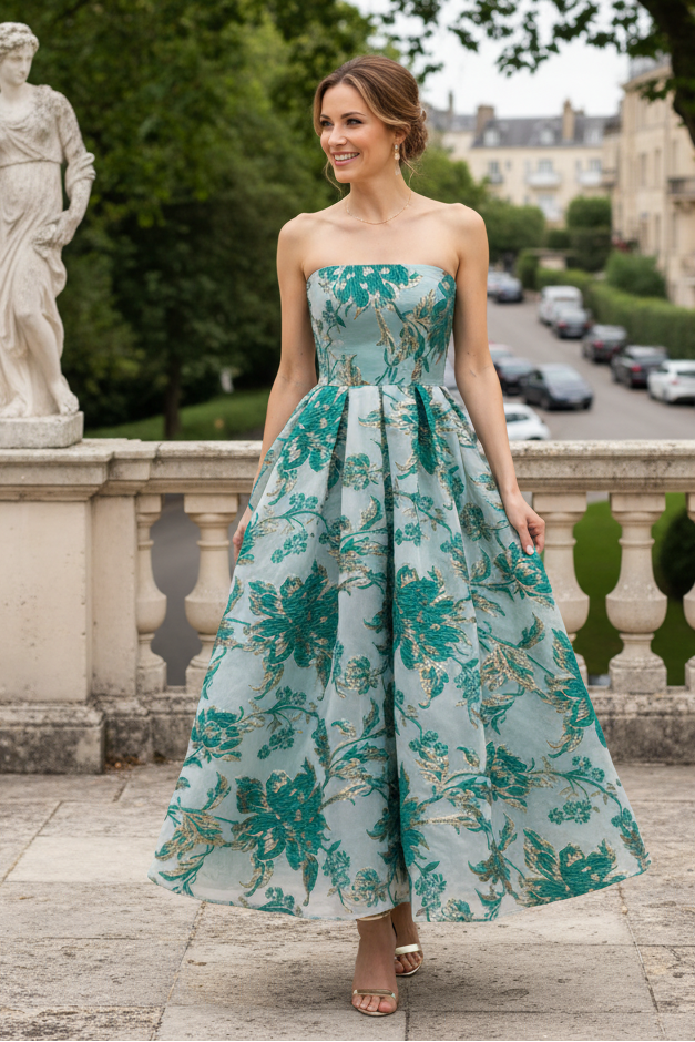 Strapless Metallic Floral Jacquard A-Line Dress