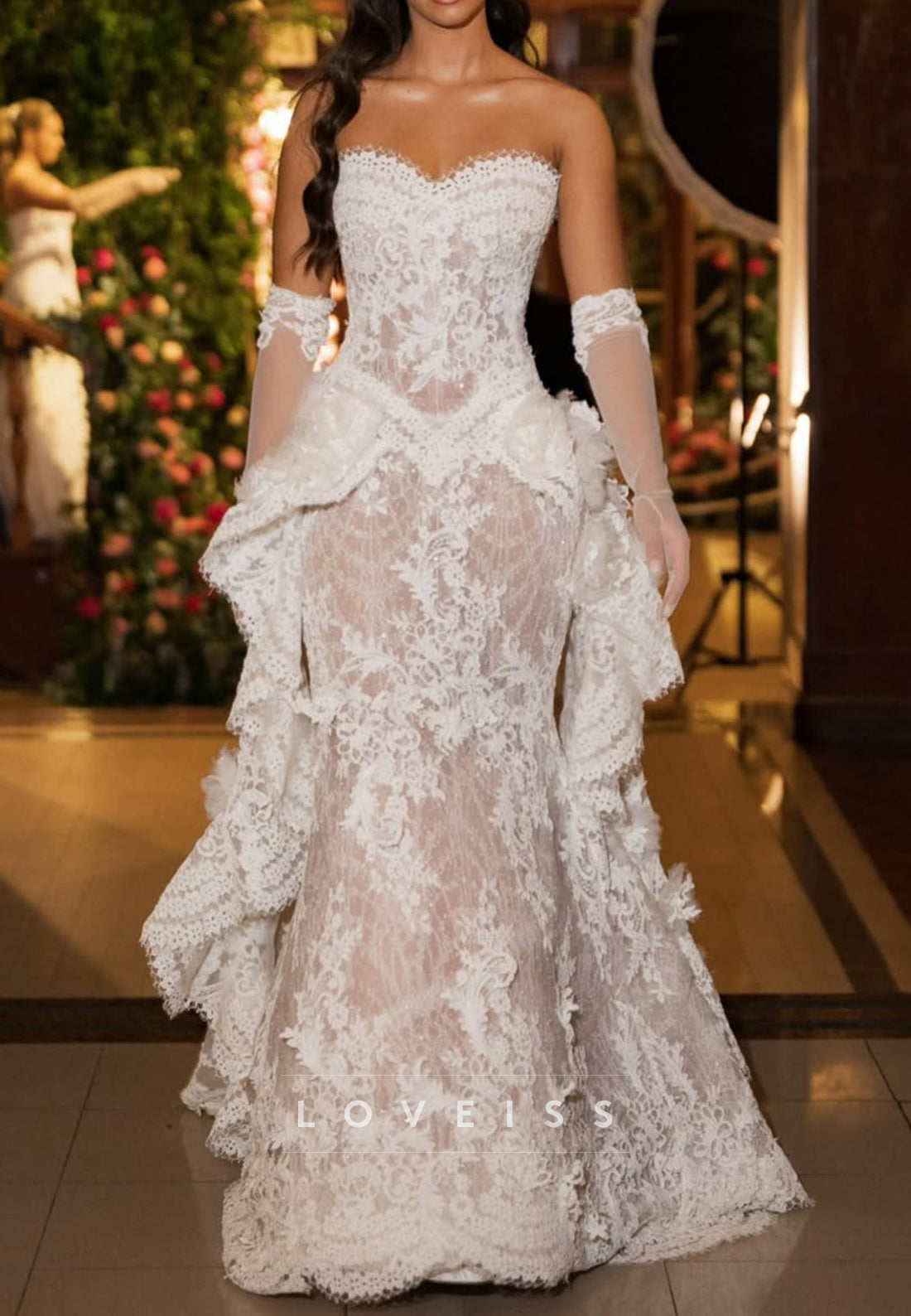 Lace Strapless Mermaid Wedding Dress with Train