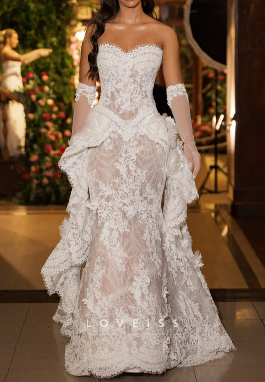 Lace Strapless Mermaid Wedding Dress with Train