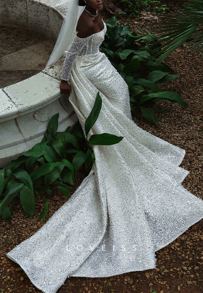 Sequined Off-the-Shoulder Wedding Dress with Train