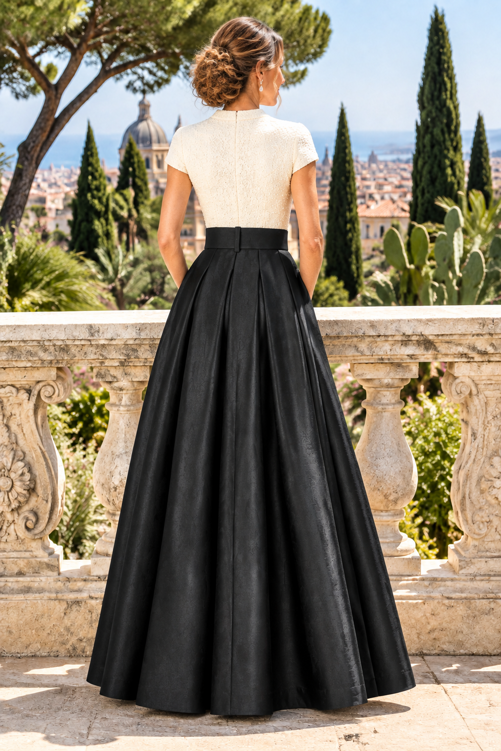 Two-Tone Pleated Gown with Belted Waist & Pockets