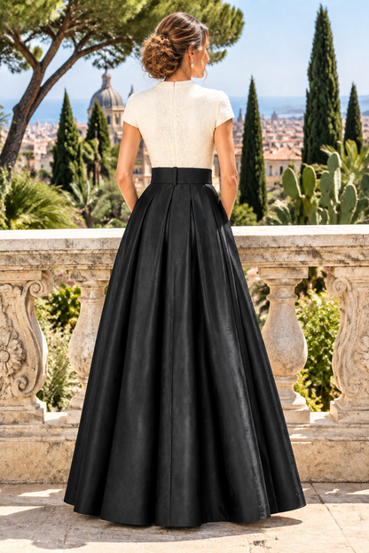 Two-Tone Pleated Gown with Belted Waist & Pockets