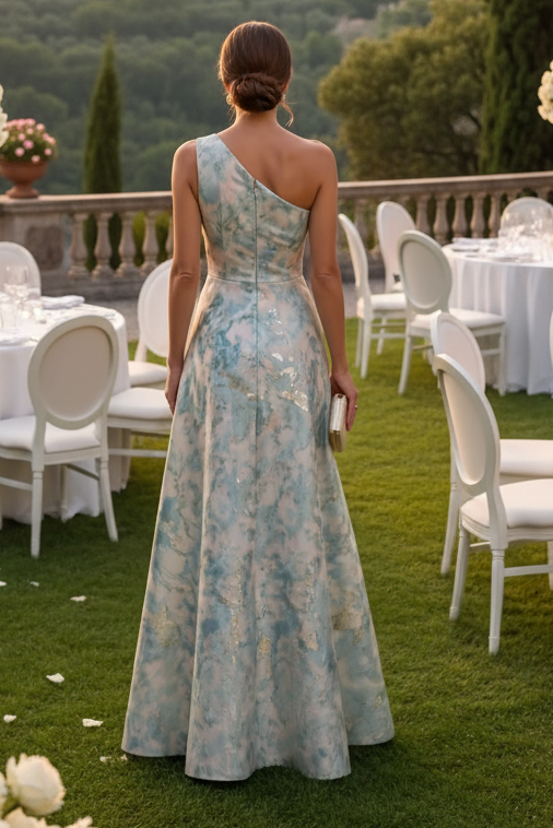 One-Shoulder Ruffled Jacquard Evening Gown