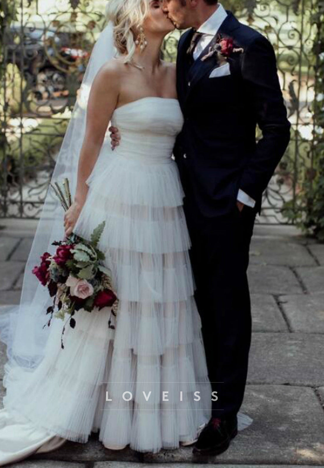 Strapless Tiered Tulle A-Line Wedding Dress with Veil