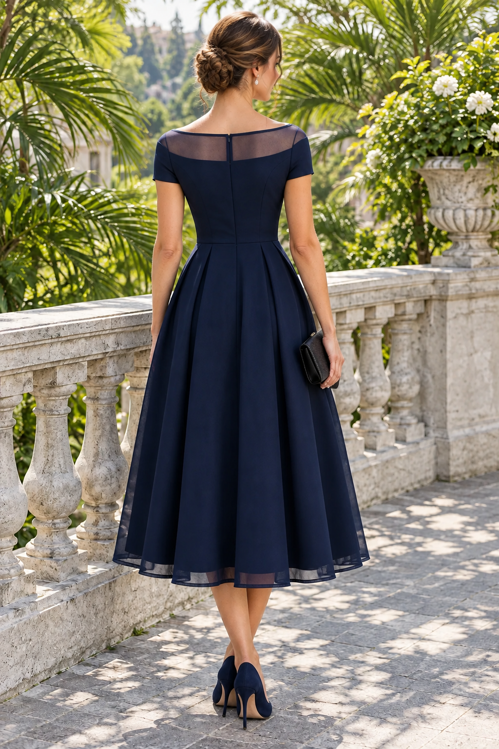 Illusion Neckline Pleated Midi Dress with Pockets