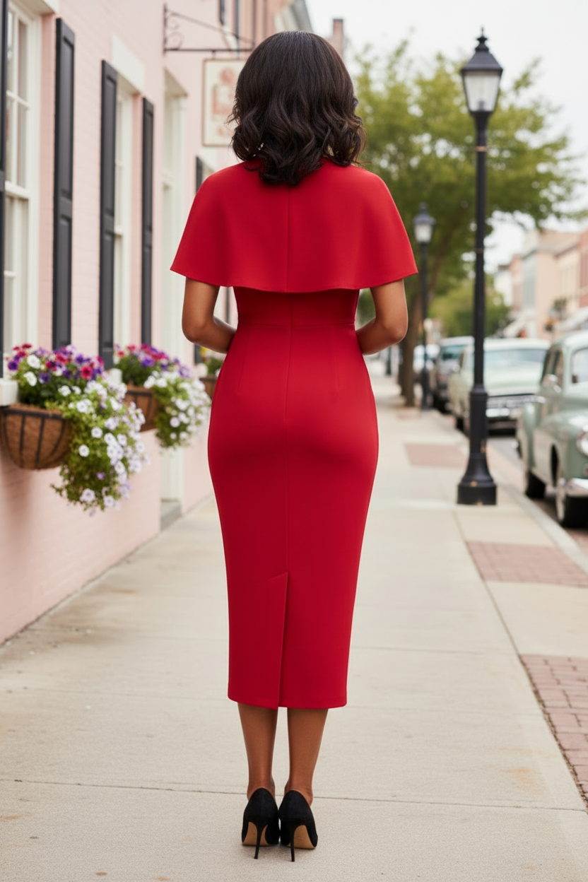 Elegant Cape-Effect Crepe Midi Dress