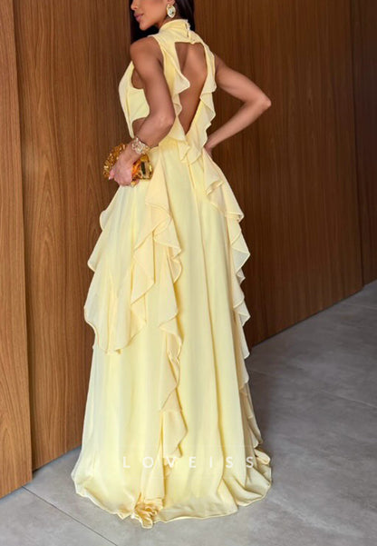 Halter Neck Ruffle Chiffon Backless Maxi Dress