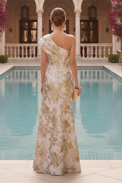 One-Shoulder Floral Jacquard Pleated Evening Gown