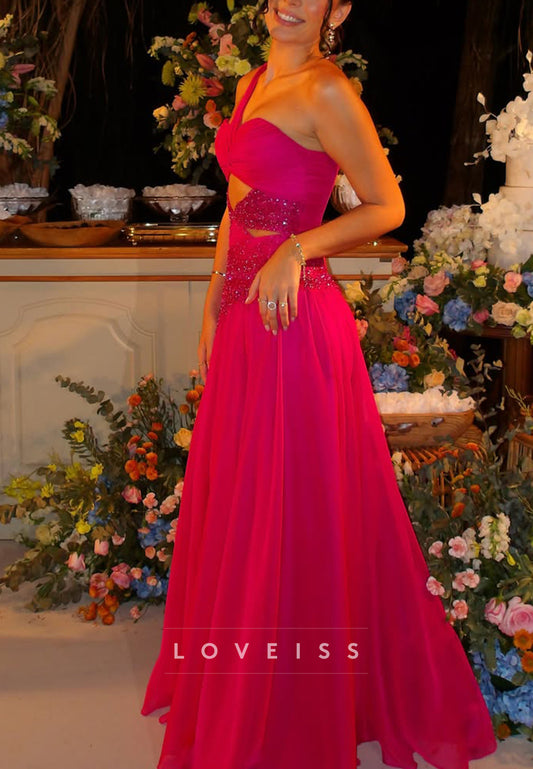 One-Shoulder Cut-Out Gown with Beaded Accents