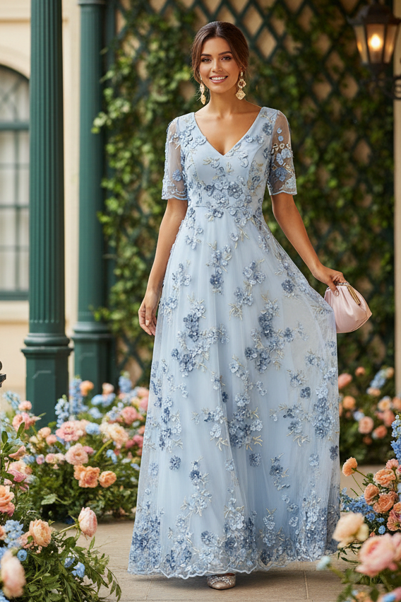 A-Line 3D Floral Applique Evening Gown