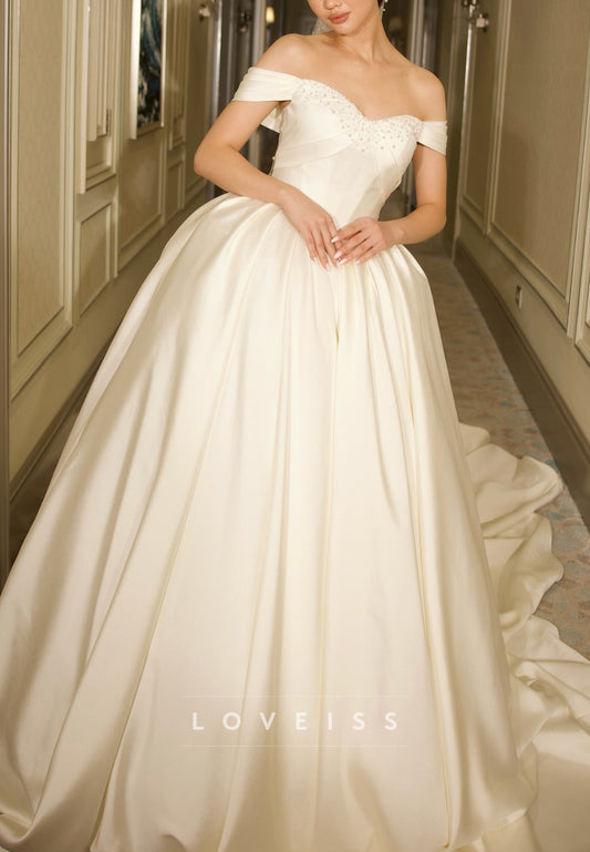 Off-Shoulder Beaded Satin Ball Gown Wedding Dress