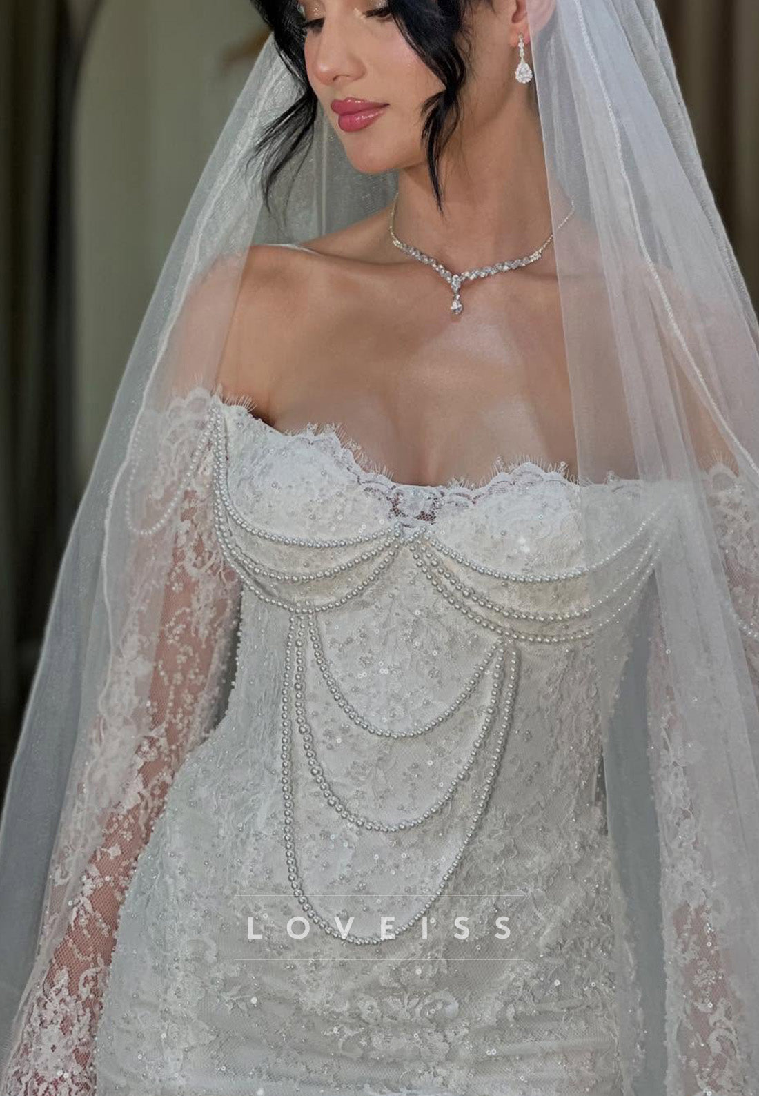 Lace Mermaid Wedding Dress with Pearl Draping