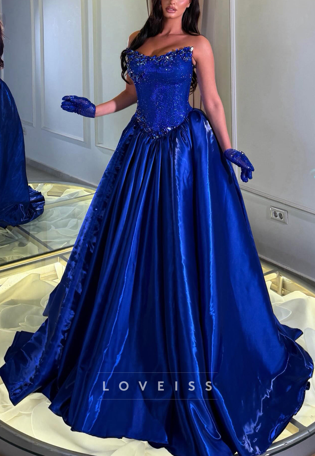 Beaded Strapless Ball Gown with Satin Skirt