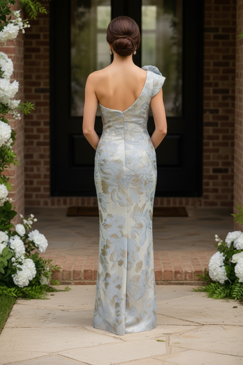 One-Shoulder Floral Jacquard Evening Gown