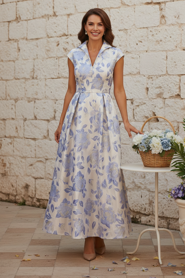 Floral Jacquard Collared A-Line Maxi Dress with Pockets
