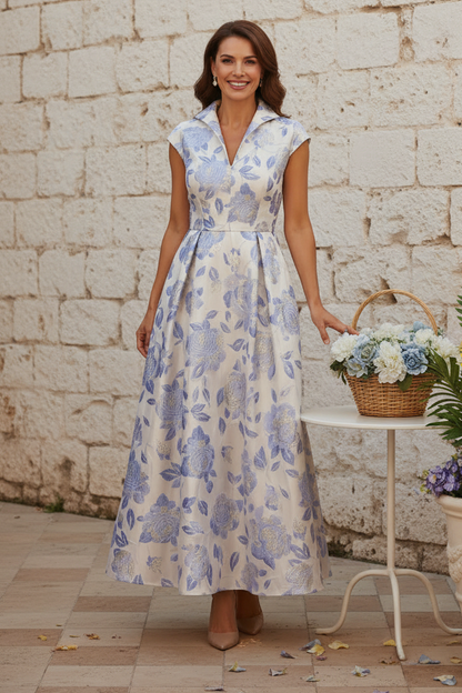 Floral Jacquard Collared A-Line Maxi Dress with Pockets