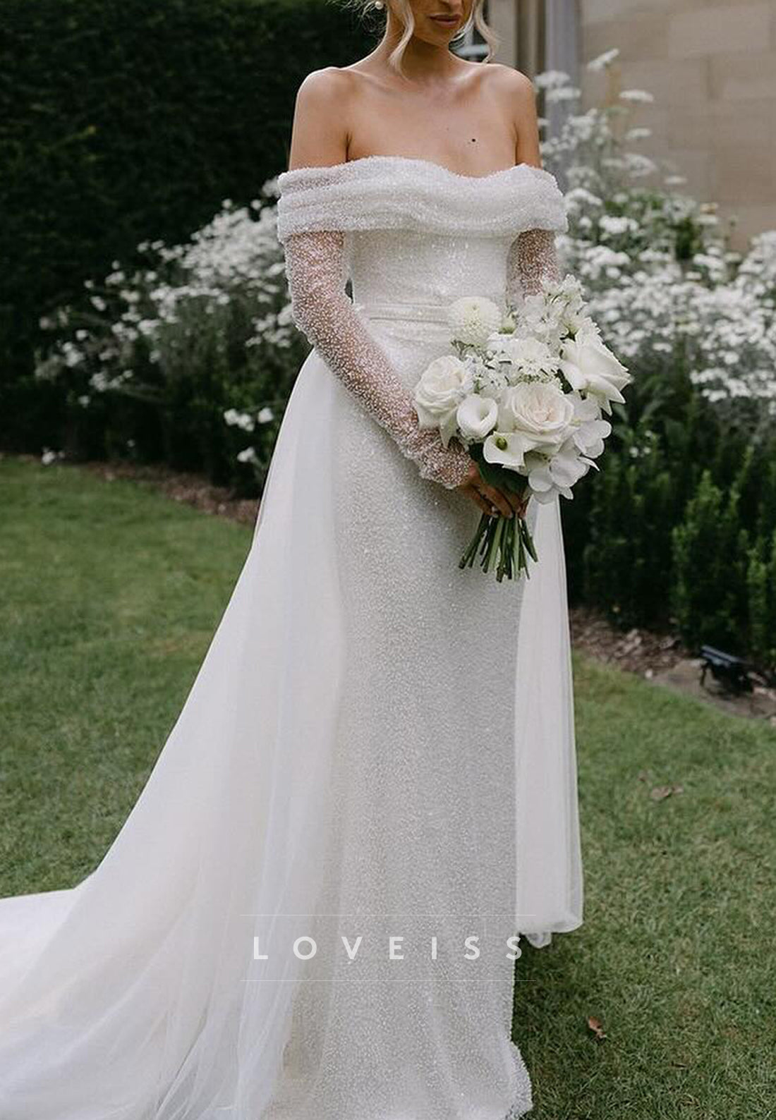 Sparkly Off-the-Shoulder Long Sleeve Wedding Dress