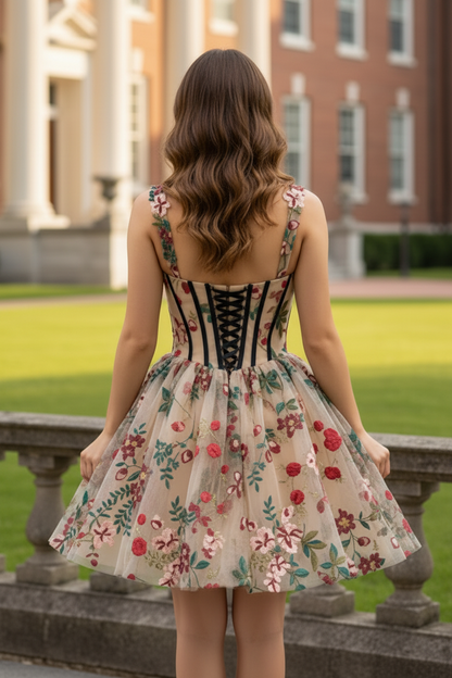Floral Embroidered Corset Mini Dress with Tulle Skirt