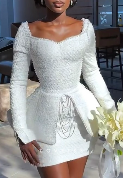 Peplum Long Sleeve Mini Dress with Pearl Trim