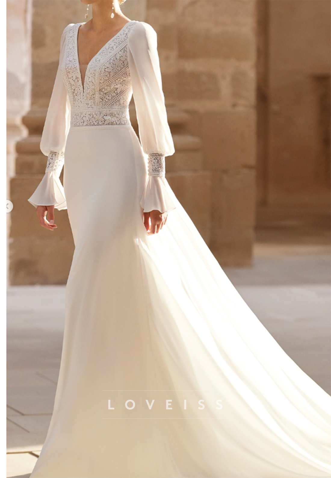 Boho Lace V-Neck Wedding Dress with Bishop Sleeves