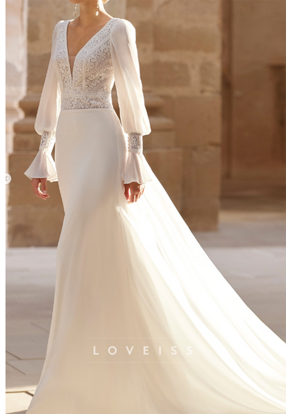 Boho Lace V-Neck Wedding Dress with Bishop Sleeves