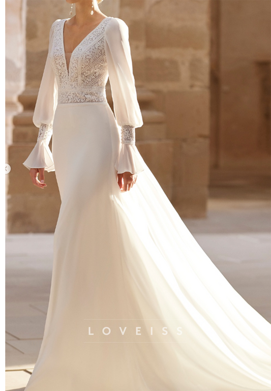 Boho Lace V-Neck Wedding Dress with Bishop Sleeves