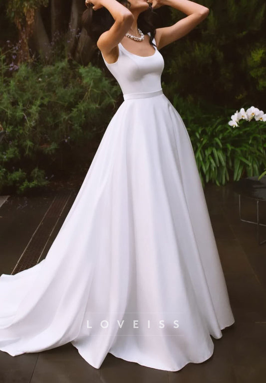 Minimalist Scoop Neck A-Line Wedding Dress with Pockets