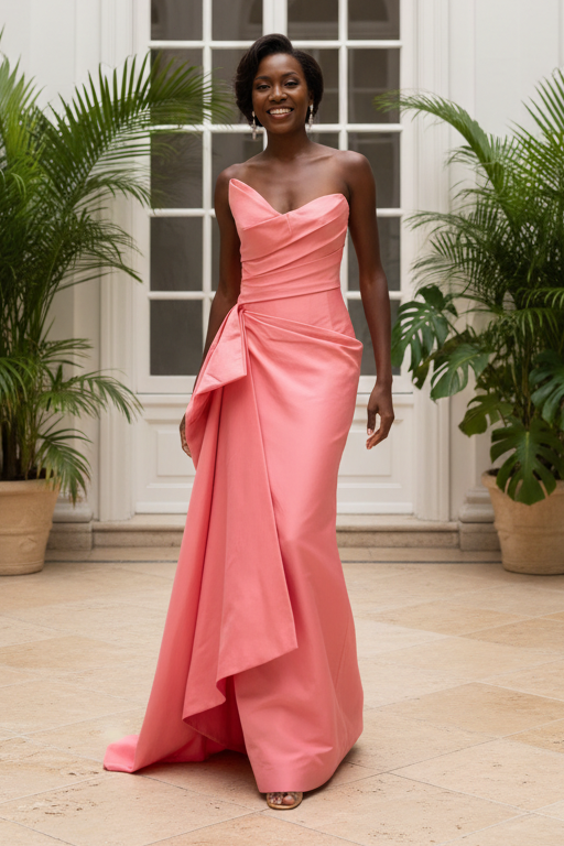 Strapless Column Gown with Side Drape & Train