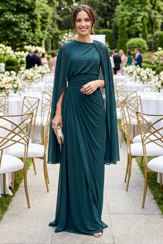 Draped Cape Sleeve Ruched Column Gown