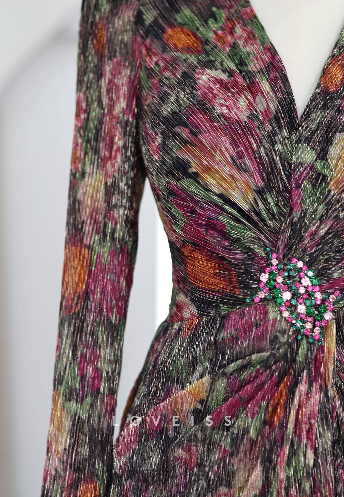 Floral Print Pleated Gown with Crystal Brooch