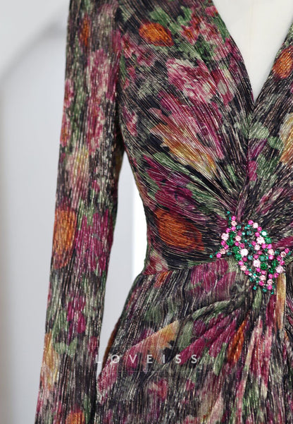 Floral Print Pleated Gown with Crystal Brooch