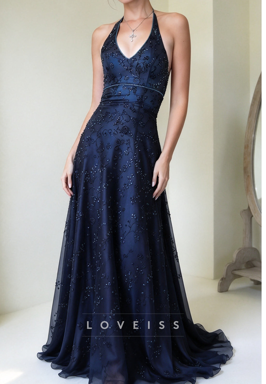 Embellished Halter Neck A-Line Evening Gown