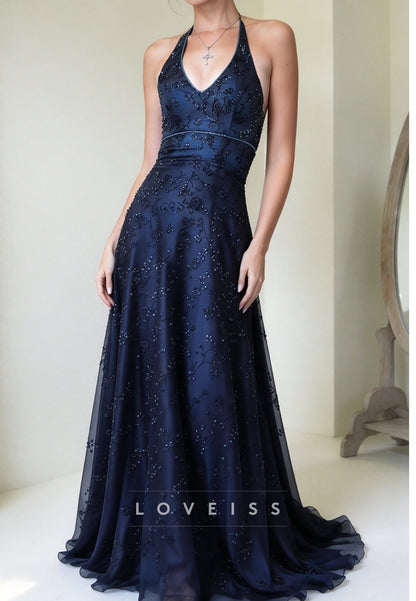 Embellished Halter Neck A-Line Evening Gown