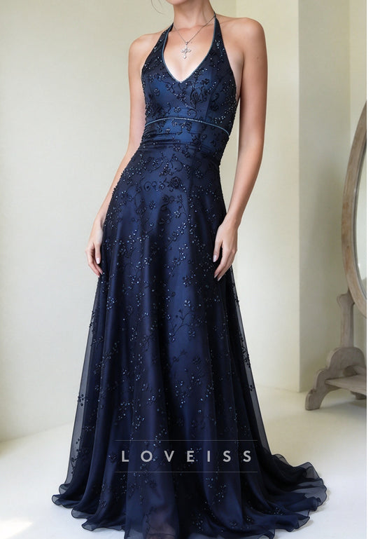 Embellished Halter Neck A-Line Evening Gown
