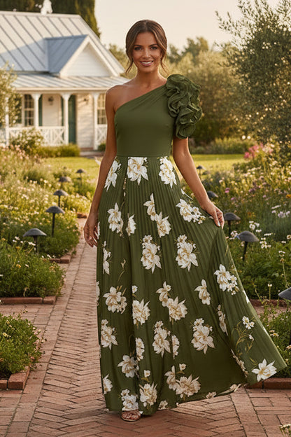 One-Shoulder Pleated Floral Maxi Dress