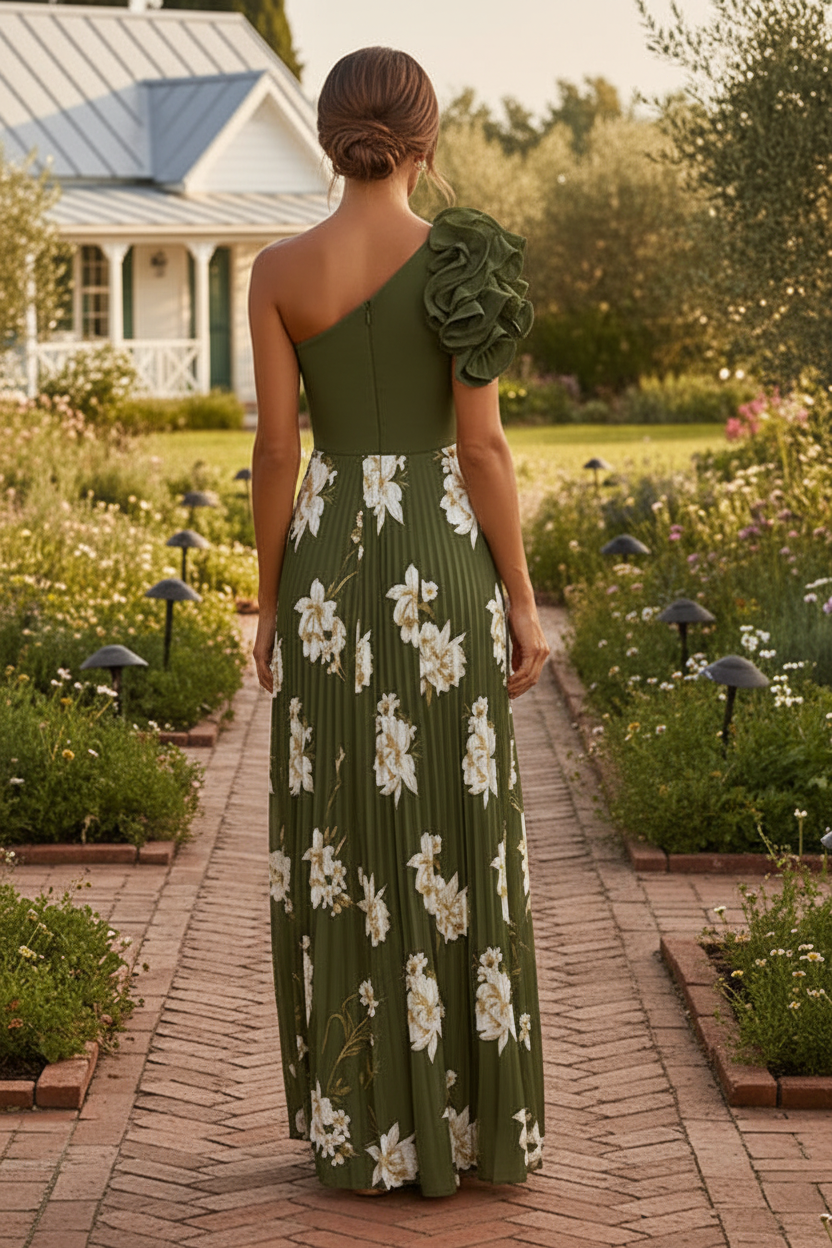 One-Shoulder Pleated Floral Maxi Dress