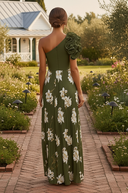 One-Shoulder Pleated Floral Maxi Dress