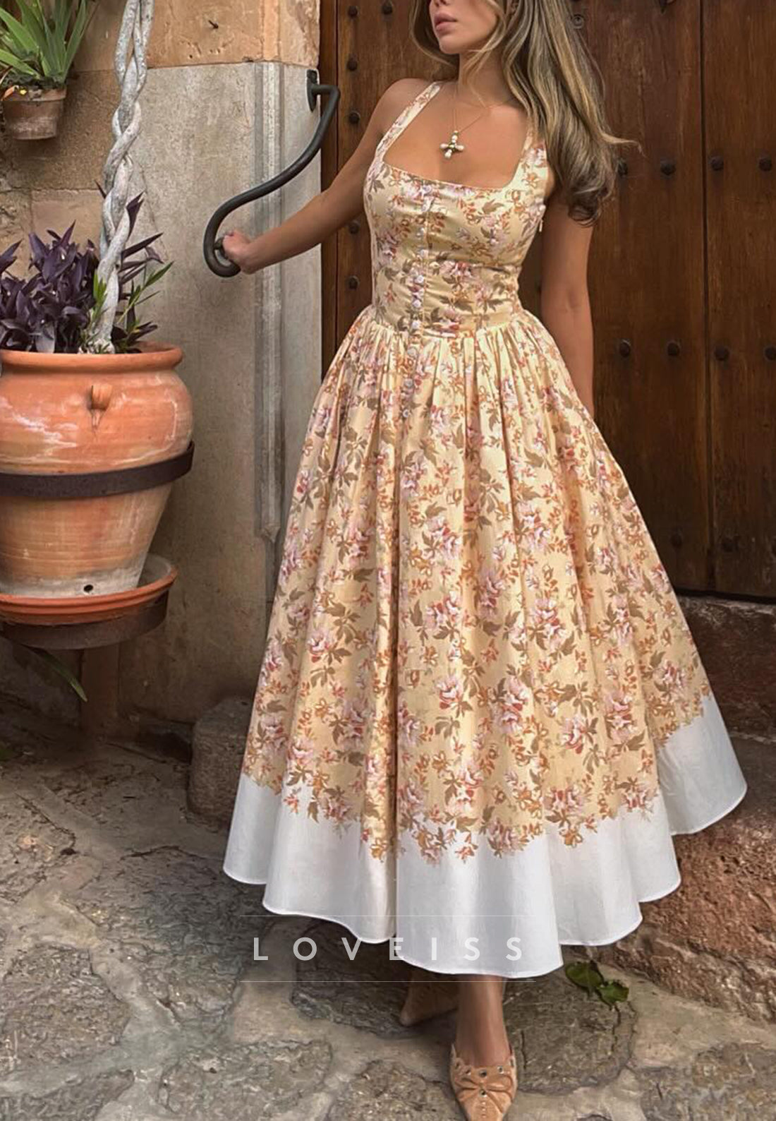 Floral Print Halter A-Line Tea-Length Dress